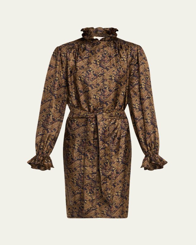 High-Neck Paisley-Print Silk Belted Dress